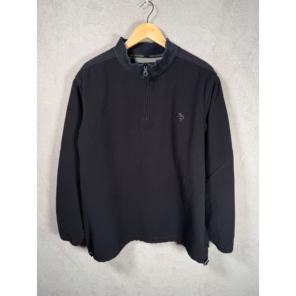 Harley-Davidson Mens Black Quarter Zip Nylon Fleece Pullover Embossed Graphic Lg